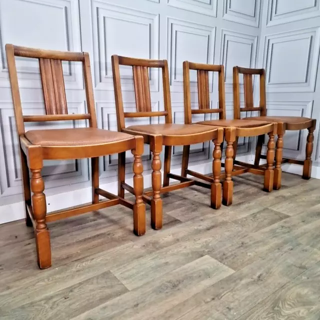 Antique Solid Wood Dining Chairs - Set Of 4 - Turned Legs - Leather Oak Art Deco
