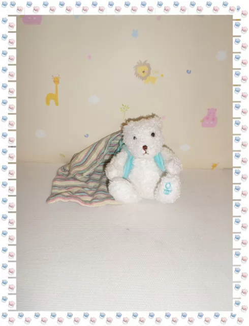 Doudou Peluche  Ours Blanc Sac à Dos Mouchoir Rayé Obaibi Okaidi