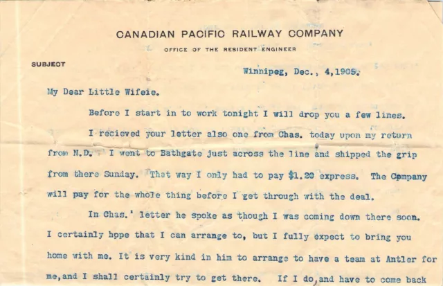 1905 Canadian Pacific Letter To Wifeie Railroad Railway Rr Rwy