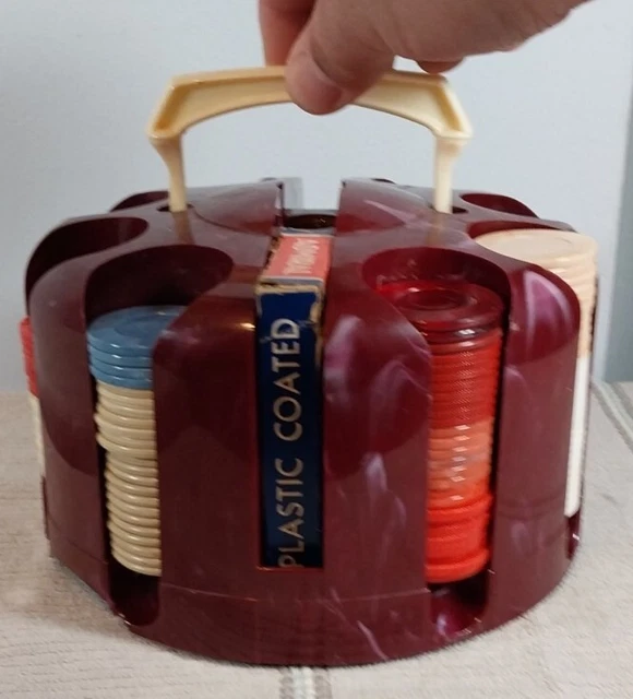 Vintage Plastic Poker Chip Brown Plastic Rotating Carousel with Playing Cards