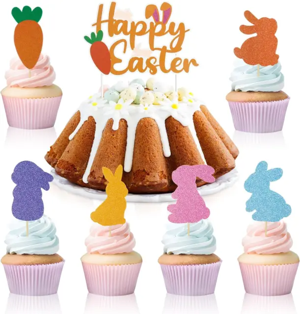 13Pcs Ostern Cake Topper Tortendeko Glitzer Hasen Cupcake Topper Happy Easter Ku