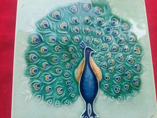1 Piece Peacock Art Deco Embossed Design Majolica Ceramic Tiles Japan 0316 3