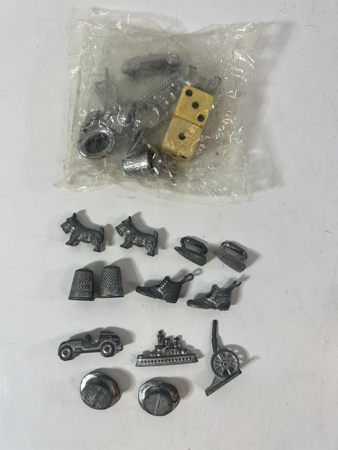 Monopoly Token Lot 25, NIB 10 Complete Set + Dice & 13 Loose Used Metal Pieces