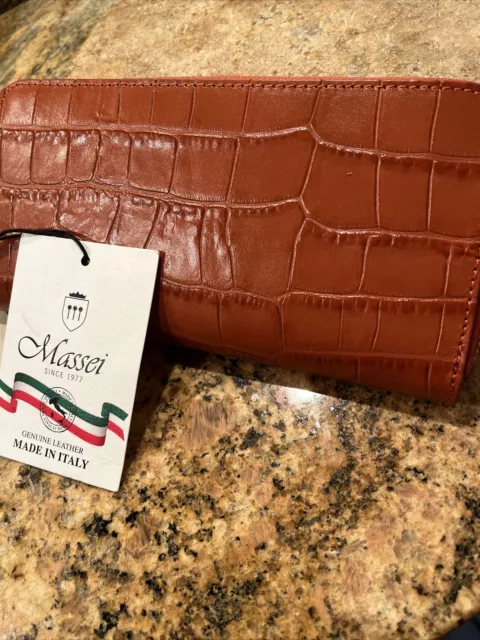 Massei Italian Croc Embossed Rust Colored Genuine Leather Zippered Wallet ; Nwt