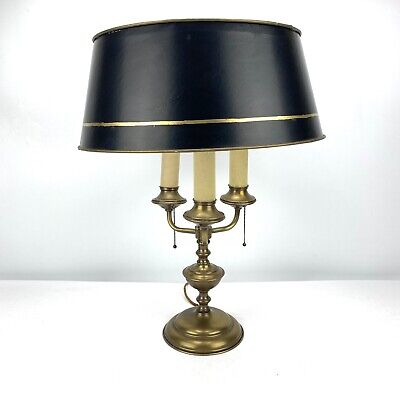 Vintage French Bouillotte Apollo Brass 3 Arm Candle Lamp Original Black Shade