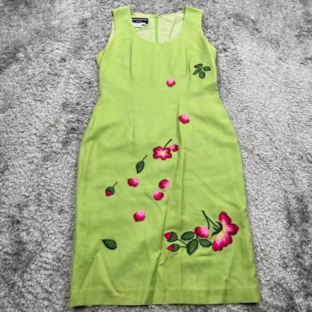 Donna Morgan Dress Womans 4 Lime Green Floral Embroidered Linen Steath Dress