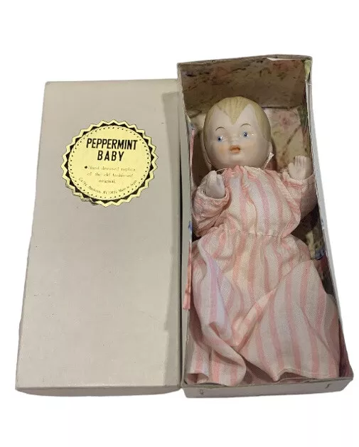 Vintage Shackman All Bisque Porcelain 5” Collectible Peppermint Baby Doll In Box