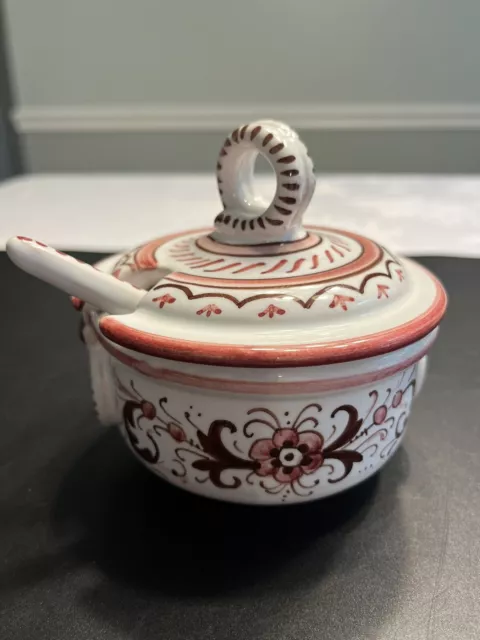 Ceramiche Deruta Italy Italian Pottery Red Floral Lidded Bowl wSpoon Condiment