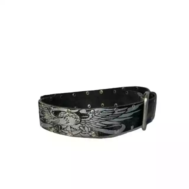 Genuine Black Leather Belt with Silver Distressed Eagle Design and Silver Studs