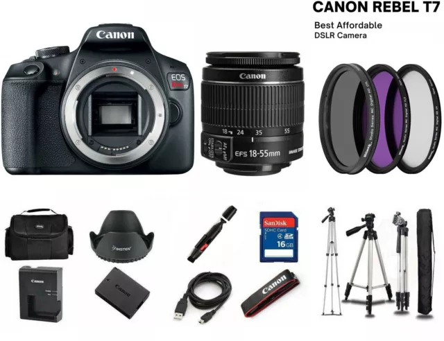 MINT Canon Rebel T7 24.1MP DSLR Camera with EF-S 18-55Lens + Filters And Tripod!