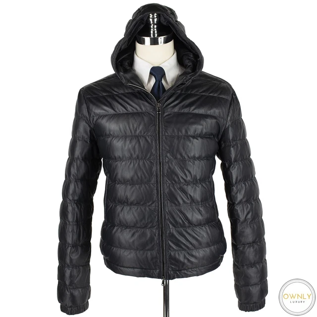 LNWOT Tincati Black Leather Grain Goose Down Hooded Puffer Jacket 44US