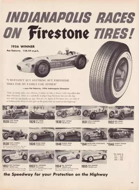 Print Ad Firestone Tires 1956 Indy 500 Race Car 2-Page 2-Piece 10.5"x13.5" Each