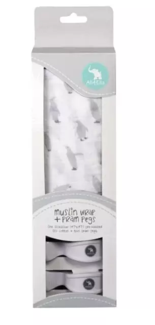 All4Ella Muslin Wrap Penguin & 2 Pram Pegs White