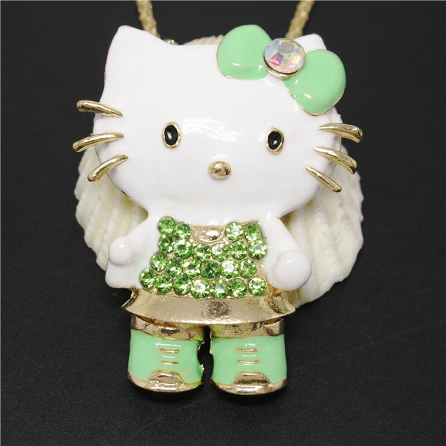 Hot Green Enamel Cute Kitty Cat Bow Crystal Pendant Betsey Johnson  Necklace
