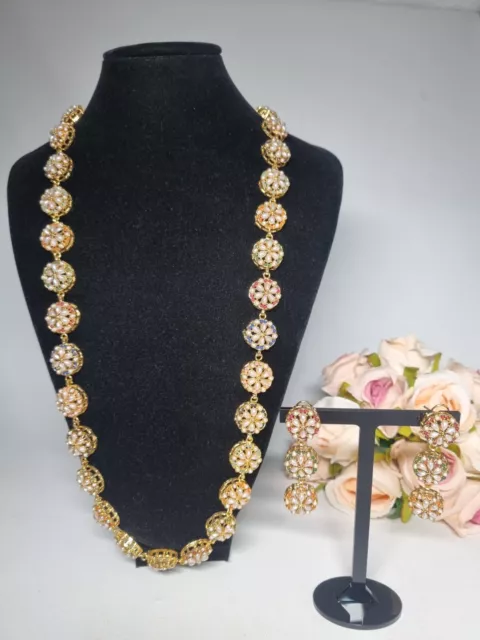 Indian Pakistani  long gold mala Set With Pearls And Nauratan Stones