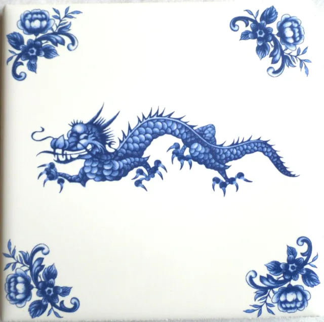 Delft Theme Dragon with Blue Corners Ceramic Tile 4.25" Kiln Fired Decor