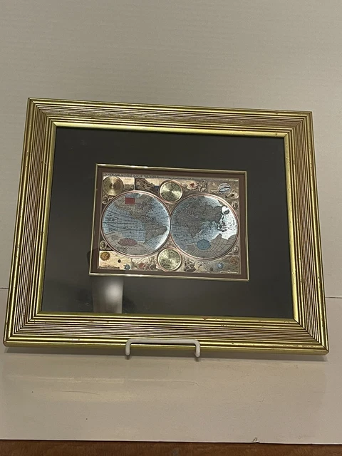 7” X 5” Gold Foil World Globe Map Print With a 14.5” X 12.5” Sealed Glass Frame