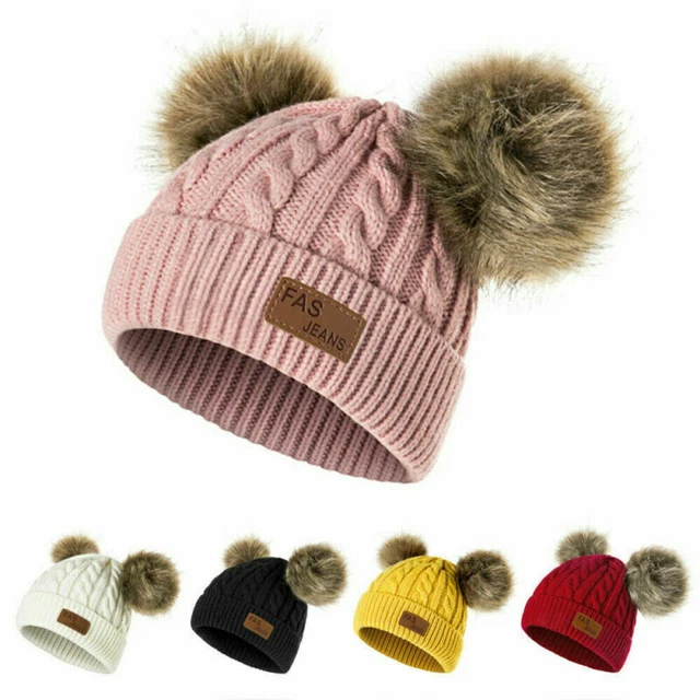 Kids Newborn Baby Boy Girl Beanie Hat Cap Winter Double Pom Pom Warm Bobble Knit