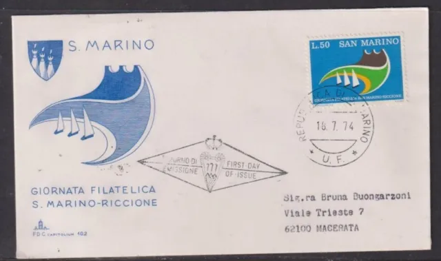 San Marino 1974 Riccione Stamp Fair "Capiotolium" FDC Macerata