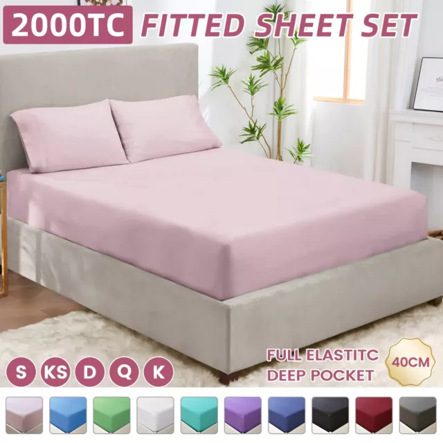 2000TC Ultra Soft Fitted Sheet Pillowcases Set Hotel Soft For S/D/Queen/King Bed