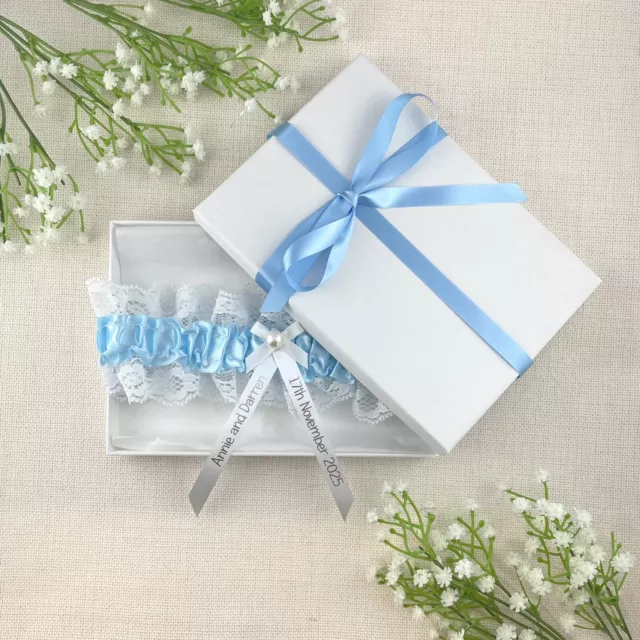 Personalised Garter - Pale Blue with Silver Text - Something Blue Wedding Bride