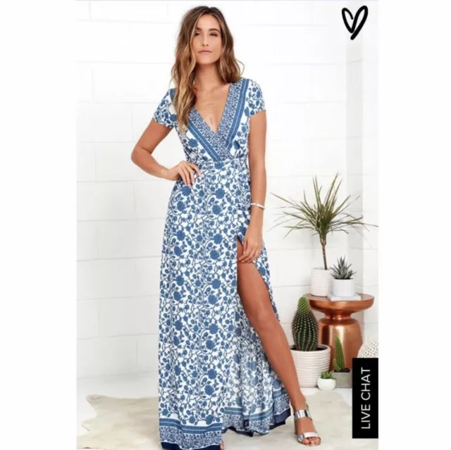 Lulus french doors blue ivory floral print wrap dress small