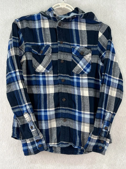 H&M L.O.G.G. Flannel Shirt Hoodie Long Sleeve Plaid Blue Youth Boys Sz 13-14Y
