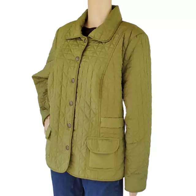 Laura Ashley Jacket Women's XL Green Quilted Snap Front Pockets Shoulder Pads
