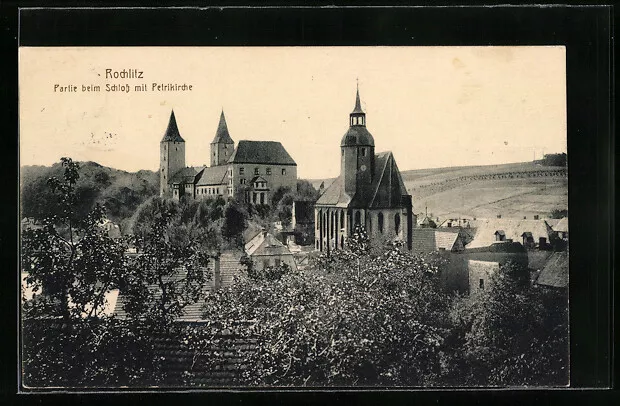 Ansichtskarte Rochlitz, Partie beim Schloss mit Petrikirche 1915