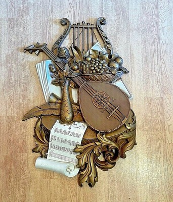 SYROCO #7236  Music Theme Large Wall Hanging  Plaque Vintage 1971 Mandolin Harp