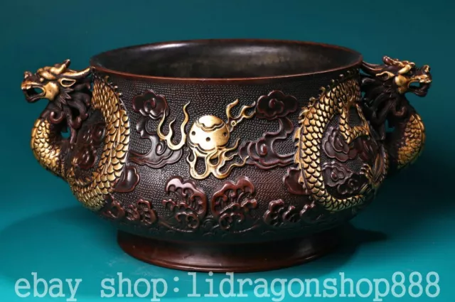 6.6" Ming Xuande Chinese Purple Bronze Gilt Dynasty Dragon Beast incense burner