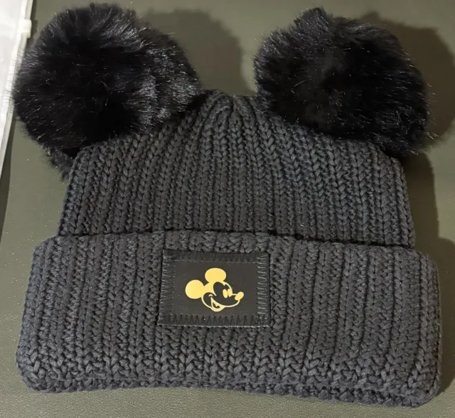 LOVE YOUR MELON Disney MICKEY MOUSE Black Gold Foil Double Pom ADULT Beanie NEW