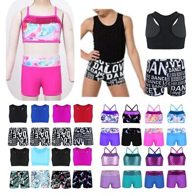 Girl 2Pcs Sequins Crop Top with Shorts Tankini Swimsuit Gymnastics Sports Outfit