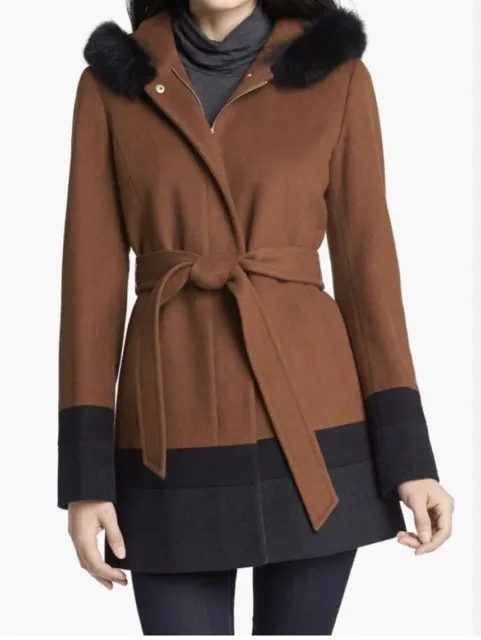 Ellen Tracy Wool Coat -Size 6- Tan With Black Trim - Genuine Fox Fur Retail $150