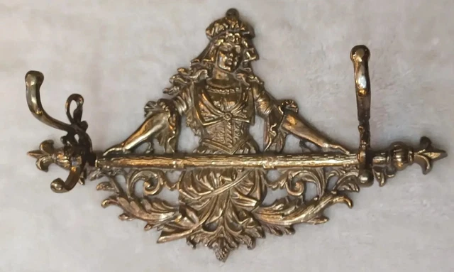 Vintage Maiden Lady 20th Century FrenchStyle Solid Brass Wall Hook Coat Hat Rack 2