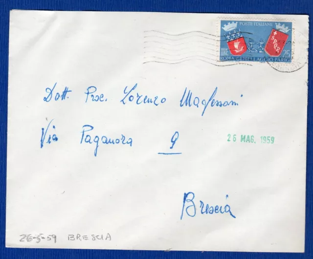 ITALIA - BUSTA  AFF. con 25 L. GEMELLAGGIO ROMA-PARIGI da BRESCIA il 26-5-1959