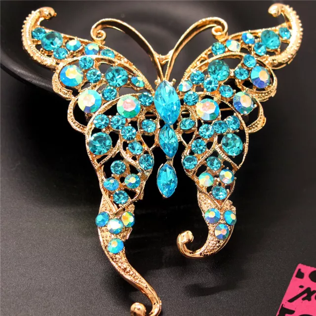Blue Bling Rhinestone Cute Butterfly Crystal Fashion Women Charm Brooch Pin