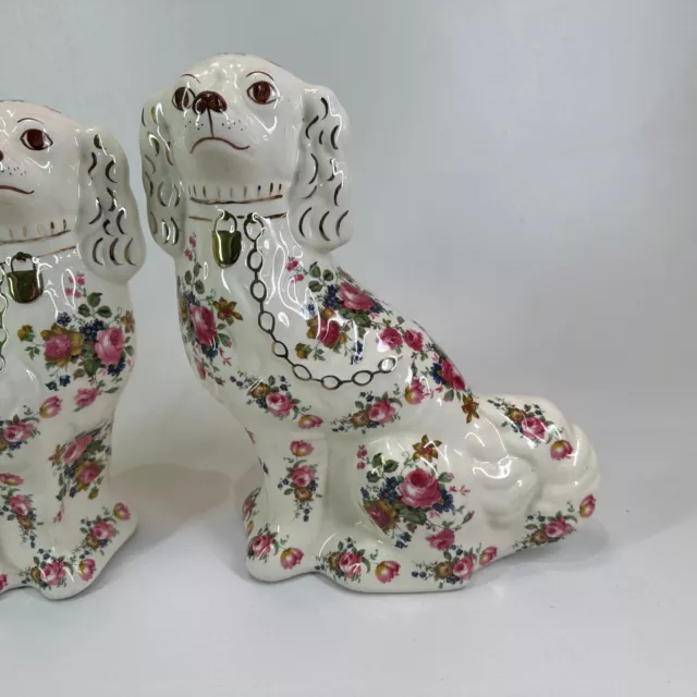 Pair Staffordshire Spaniel Mantle Wally Dogs Floral + Gold Tone Figurines - VGC 3