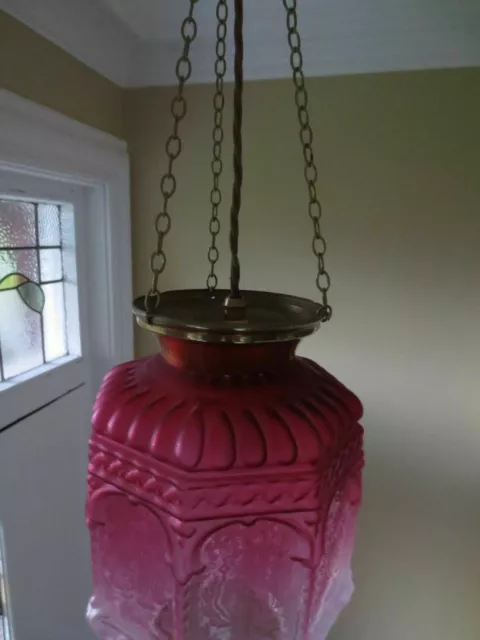 Grand Victorian Cranberry Glass Paraffin Hall Oil Lamp Hanging Light Shade 3