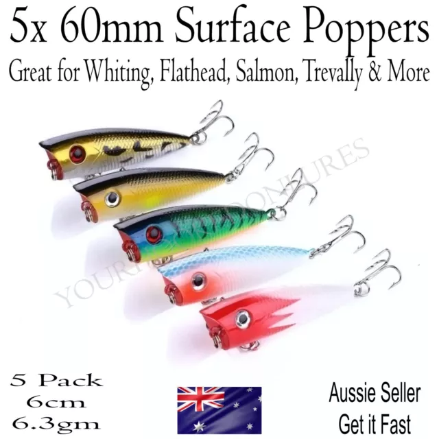 5x 60mm Surface Popper Fishing Lures Whiting Poppers Bream Flathead Topwater 6cm