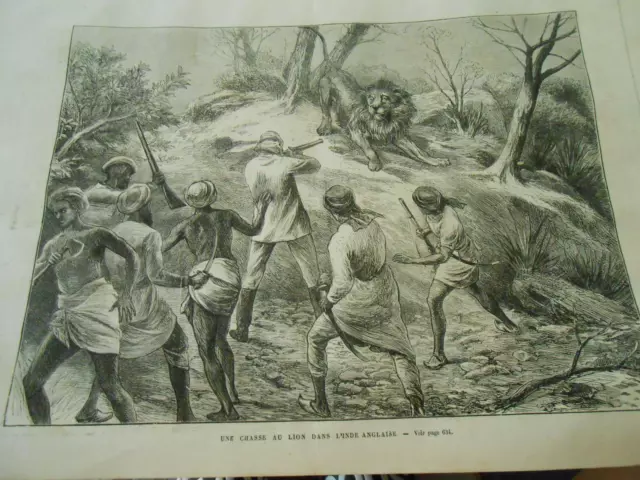 Gravure 1874 - Une chasse au Lion dans l'Inde Anglaise