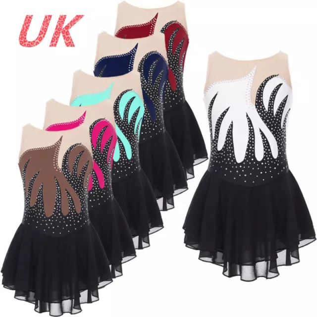 UK Kids Girls Sparkly Figure Ice Roller Skating Dance Dress Gymnastics Leotards