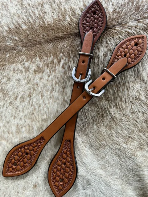 Men’s Pair Of Basketweave Tooled Leather  Western Spur Straps
