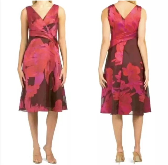 NWT Adrianna Papell Organza Jacquard Midi Dress Red Pink Size 12 Large