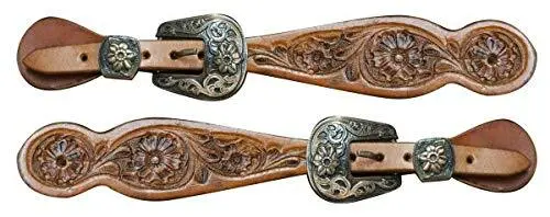 Showman Ladies Floral Tooled Leather Spur Straps w/ Engraved Antique Brass