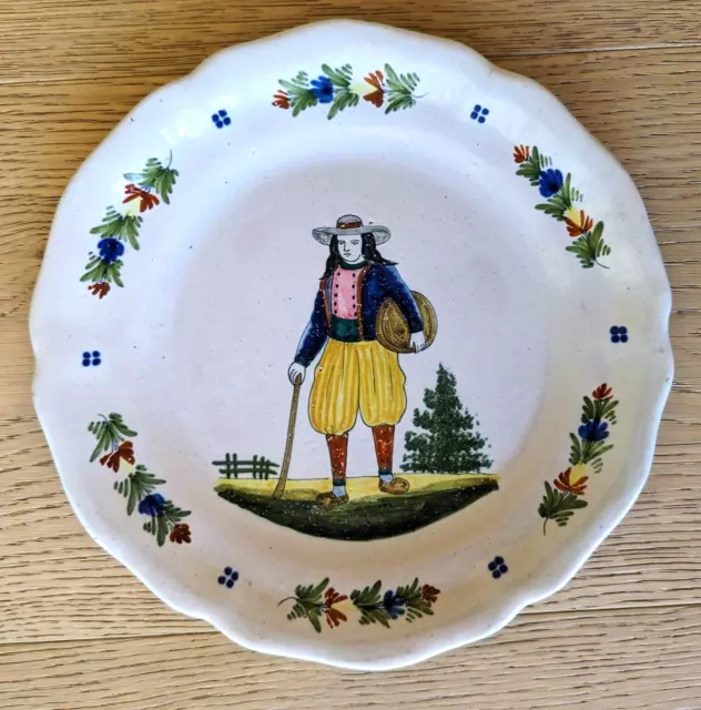 Antique HB Quimper French Faience Pottery Plate Breton Man Finely Painted 9.25"