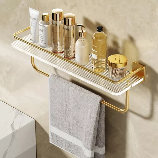 Bathroom Shelf Towel Hanger Gold Stand Transparent Shelf Wall Mounted Sturdy