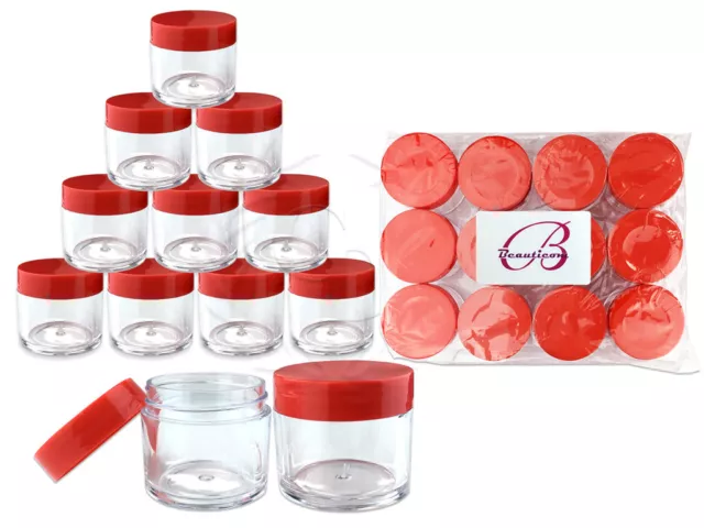 12 Pieces 30 Gram/30ml Plastic Clear Sample Jar Containers with Red Flat Lids