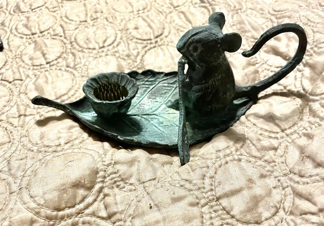 Vintage bronze mouse on lilly pad, flower frog