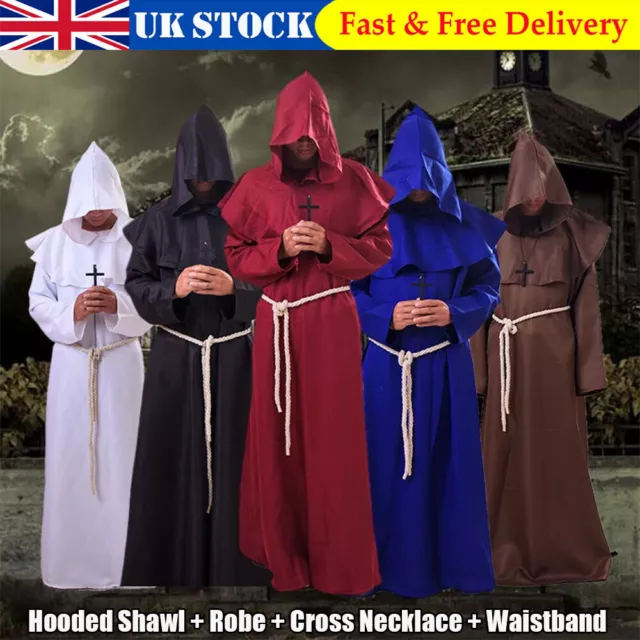 Halloween Adult Men Monk Cosplay Robes Cloak Cape Friar Medieval Priest Costume